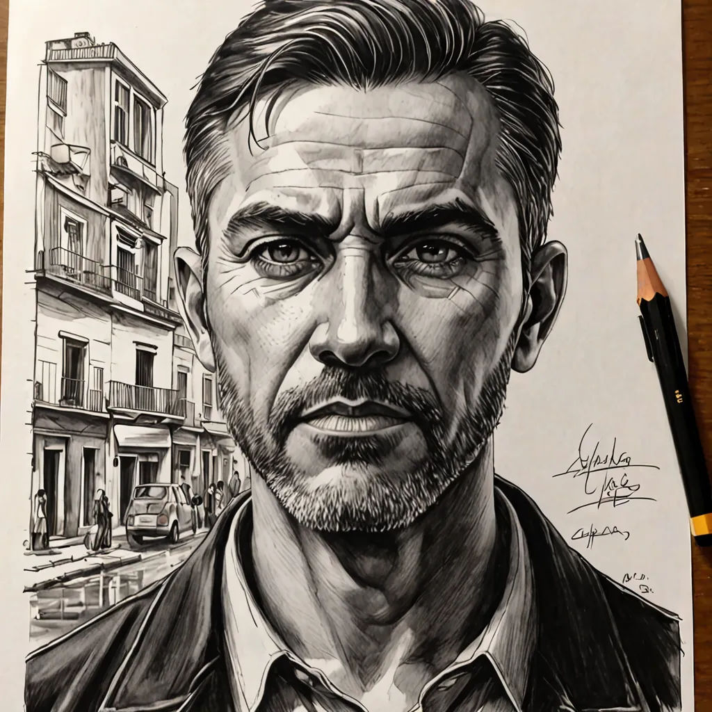 a drawing of a man with a beard and a shirt on, with a pen and ink on paper, hyperrealism, a detailed drawing, Diego Gisbert Llorens, detailed portrait