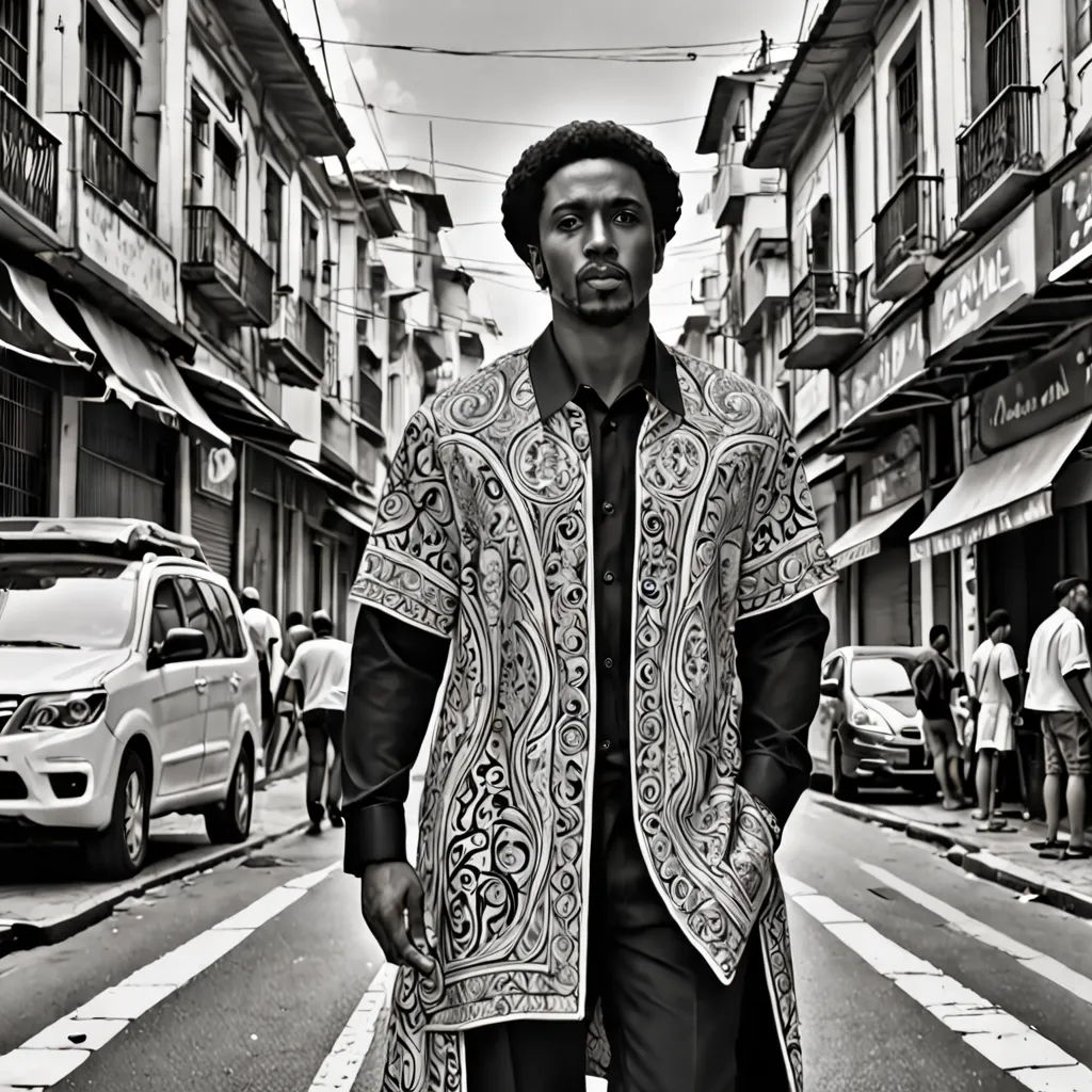 a man standing on a street corner in a black and white photo with a coat over his shoulders and a tie on, afrofuturism, a black and white photo, Almeida Júnior, orientalism
