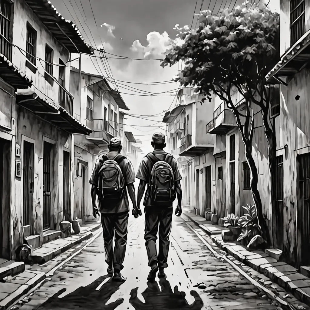 two people walking down a street with backpacks on their backs and a tree in the middle of the street, magical realism, an ultrafine detailed painting, Cyril Rolando, official art