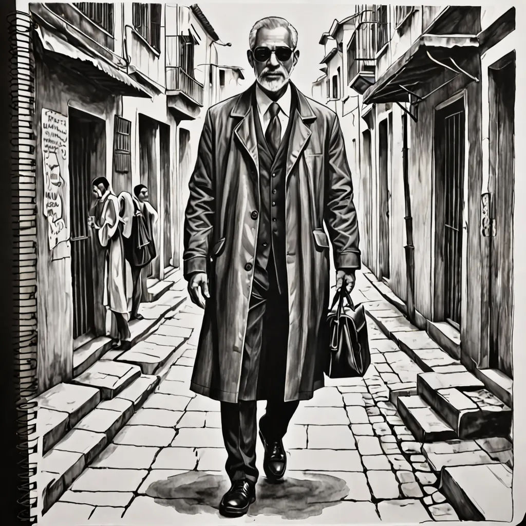a drawing of a man in a trench coat and sunglasses walking down a street with people walking by on either side of him, modern european ink painting, an ultrafine detailed painting, Carlos Trillo Name, oil on canvas. cinematic