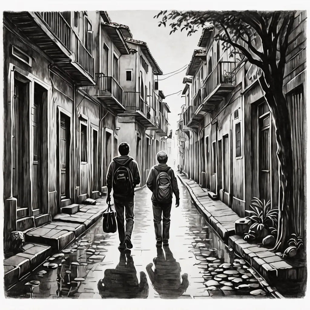 a couple of people walking down a street next to a tree and buildings with a backpack on their back, modern european ink painting, an ultrafine detailed painting, Diego Gisbert Llorens, photo realism
