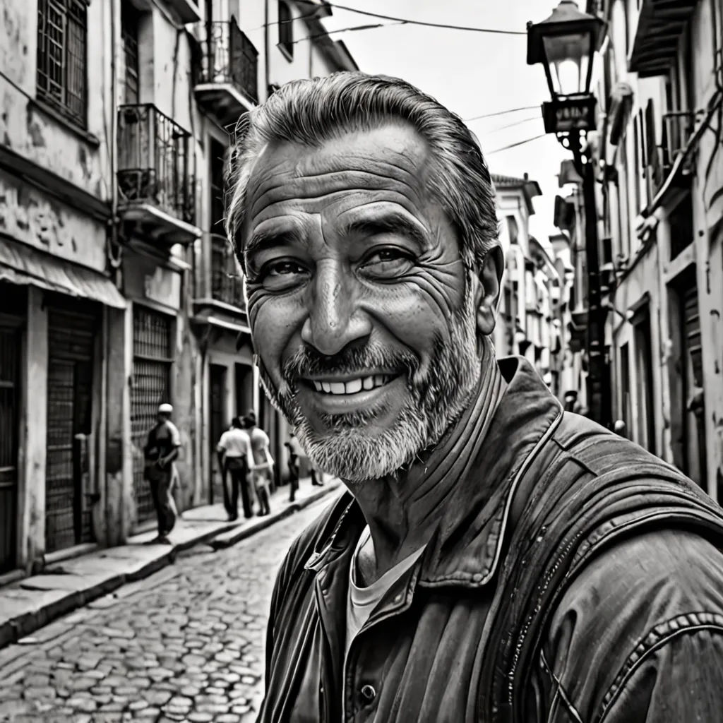 a man with a beard and a leather jacket on a street in a city with people walking by and a lamp post, photorealism, a black and white photo, Breyten Breytenbach, portrait photography