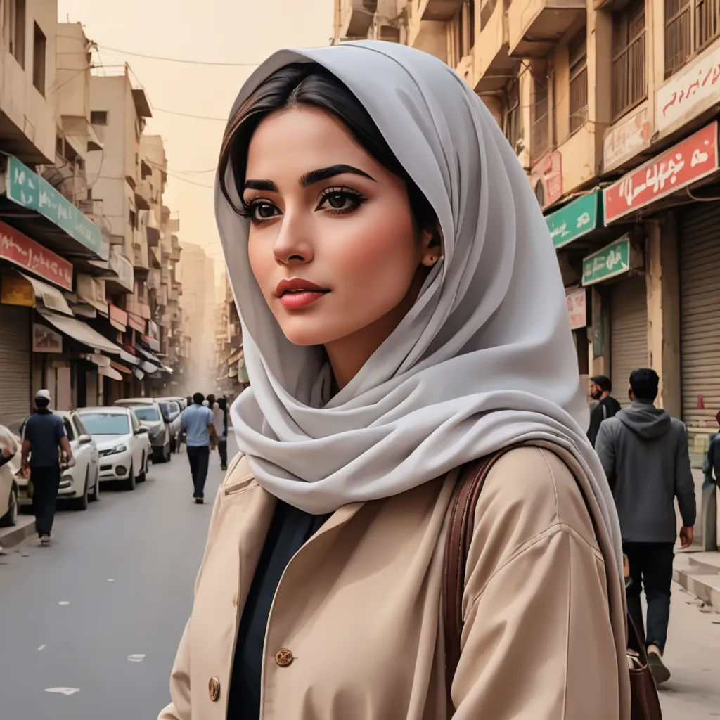 a woman in a hijab standing on a street corner in a city with cars and people walking, aestheticism, a photorealistic painting, Elina Karimova, ultra realistic digital art