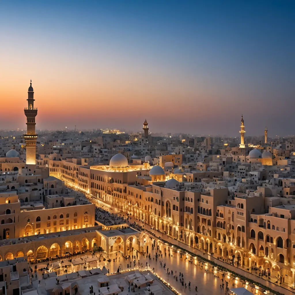 a city with a lot of tall buildings and a clock tower in the distance at dusk time with lights on, hurufiyya, egyptian art, Altoon Sultan, orientalism