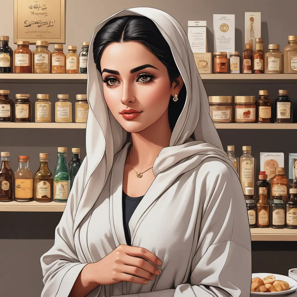 a painting of a woman in a store with a lot of bottles behind her and a plate of food on the counter, qajar art, a digital painting, Edwin Georgi, highly detailed digital painting