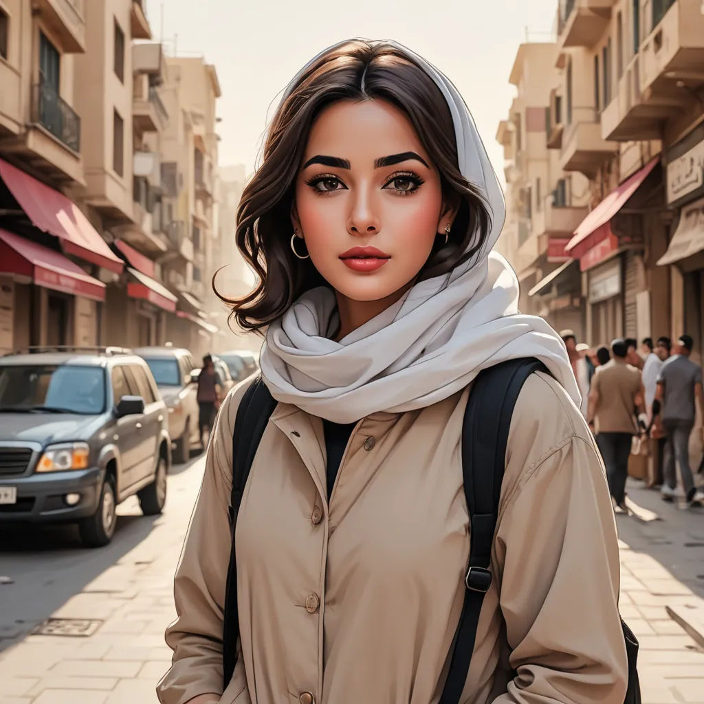 a woman standing on a street with a scarf around her head and a backpack on her shoulder, with a car parked on the side of the road, qajar art, a photorealistic painting, Elina Karimova, girl