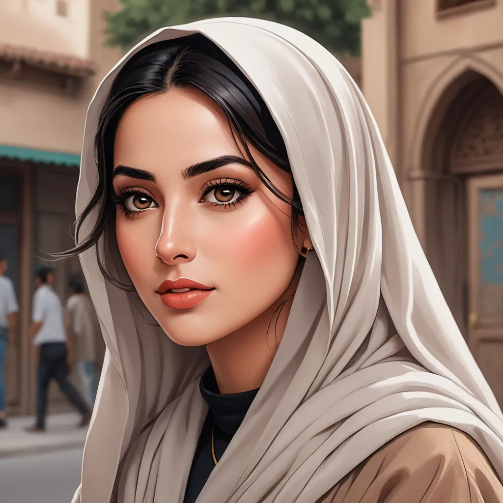 a woman with a veil on her head and a man walking by her on a street corner in the background, qajar art, a digital painting, Charlie Bowater, trending on art station
