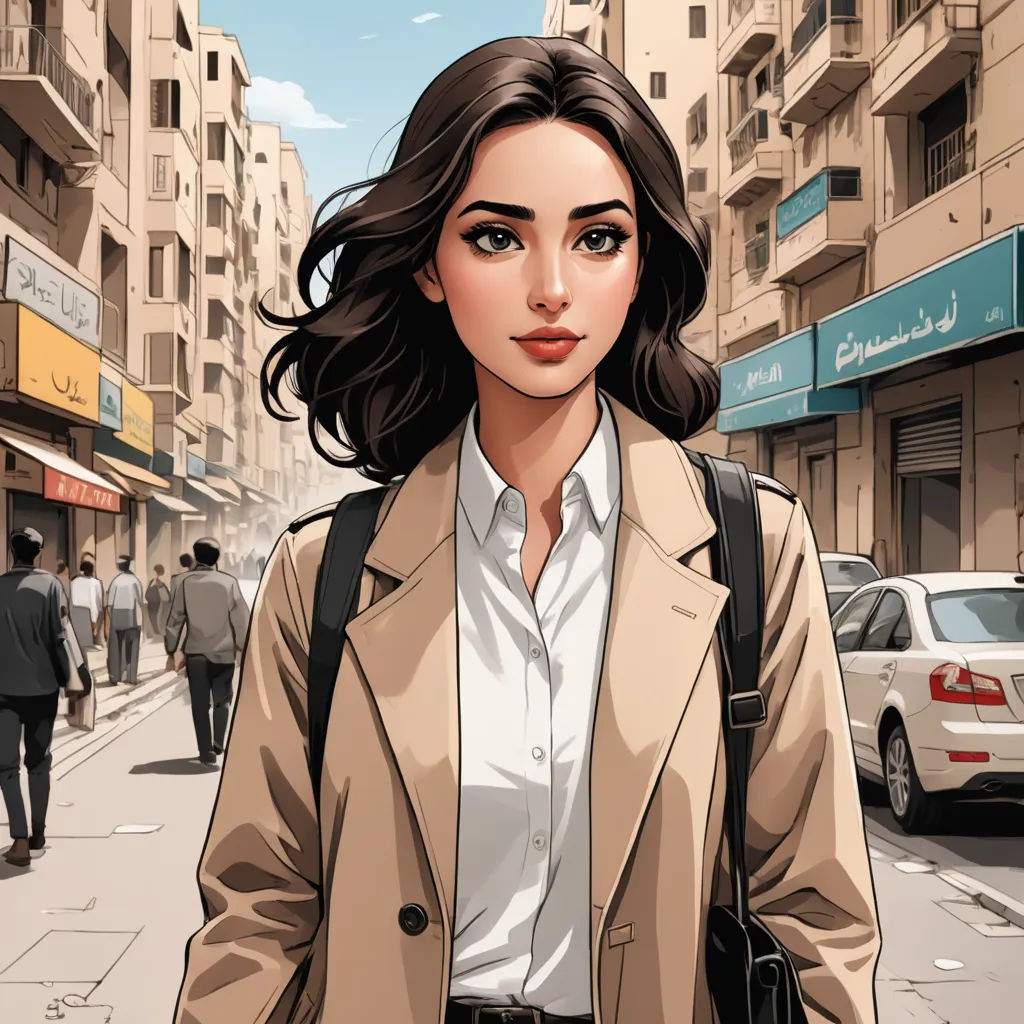 a woman in a trench coat is walking down the street with a handbag on her shoulder and a man in a suit is walking down the street, serial art, a comic book panel, Amir Zand, graphic novel