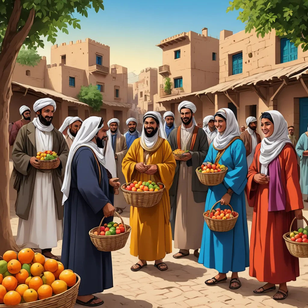 a group of people standing around a basket of fruit in front of a building with a tree and oranges, excessivism, an illustration of, Edmund Leighton, detailed illustration