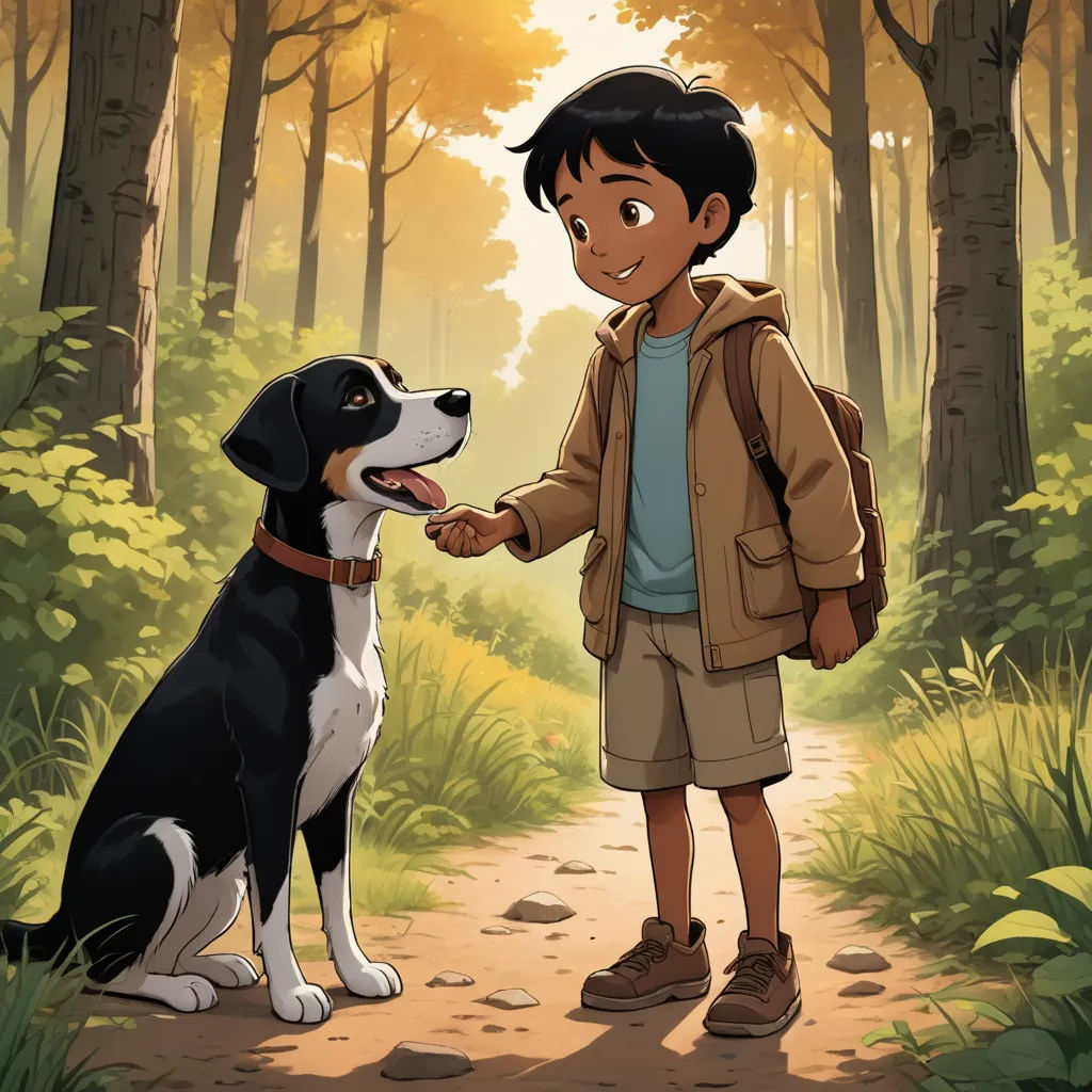 a boy and a dog are shaking hands in the woods with a forest background and sunlight shining through the trees, furry art, a storybook illustration, Aaron Jasinski, comic cover art