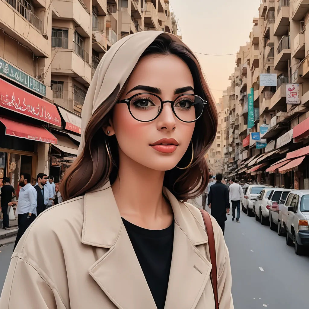 a woman wearing glasses and a headscarf on a street in a city with cars and people walking, aestheticism, egyptian art, Bouchta El Hayani, glasses