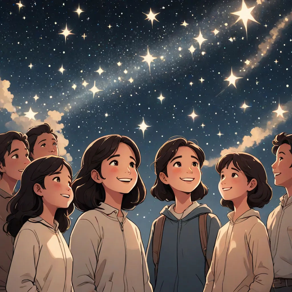 a group of people standing in front of a night sky with stars in the background and a bright light shining on the sky, space art, a storybook illustration, Atey Ghailan, stars