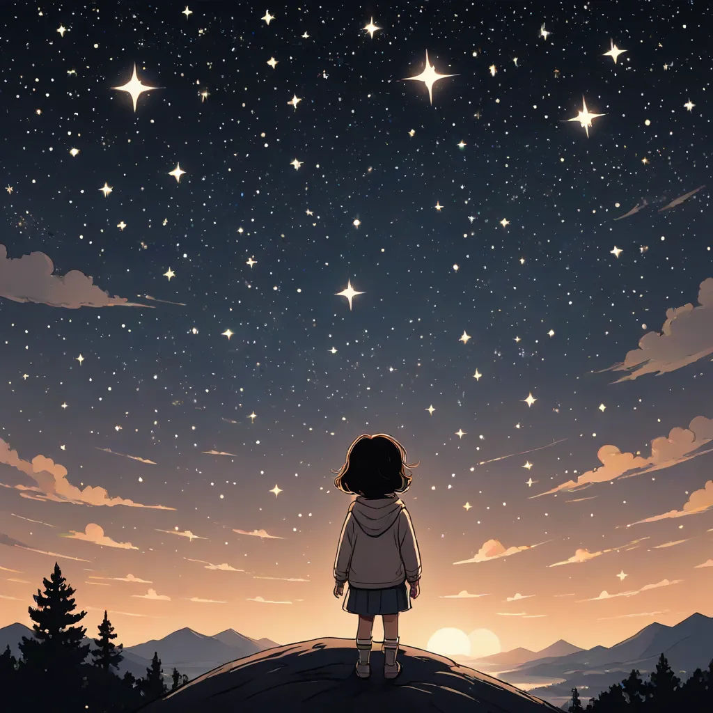 a girl looking at the stars in the sky above a hill at night time with a full moon in the sky, space art, a storybook illustration, Atey Ghailan, stars