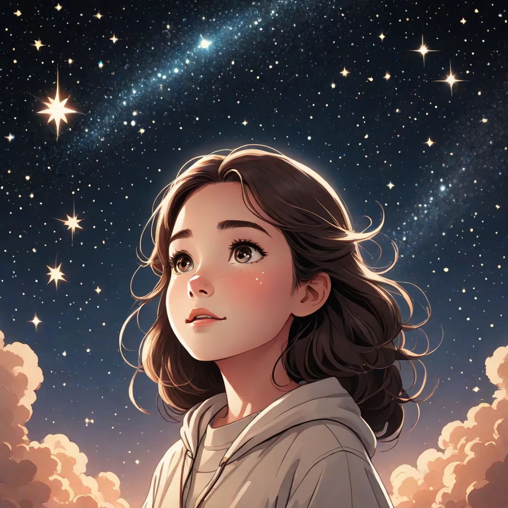 a girl looking up at the stars in the sky with a sky background and clouds in the foreground, space art, a detailed drawing, Atey Ghailan, stars