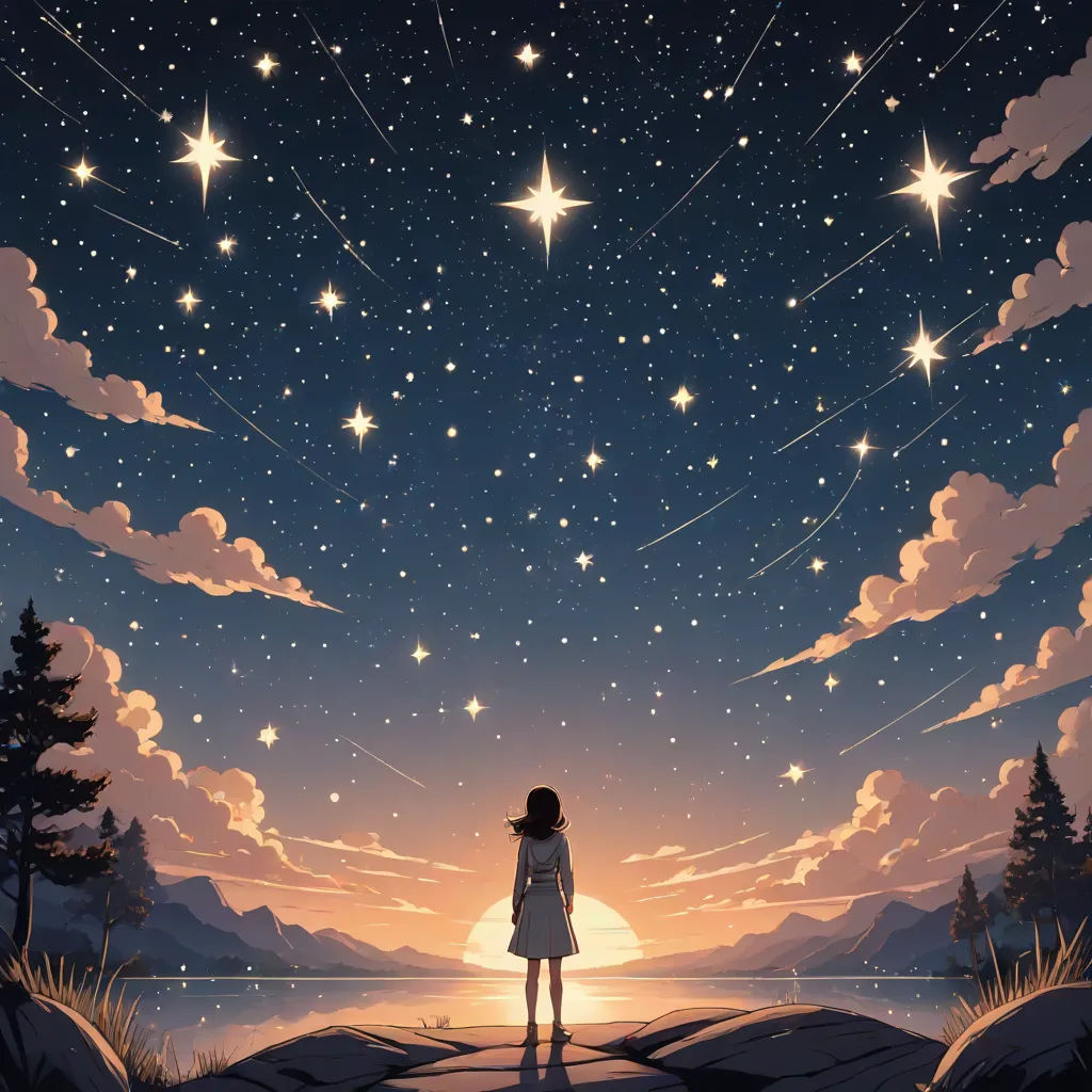 a girl standing on a hill looking at the stars in the sky above her head and a lake below, space art, a storybook illustration, Cyril Rolando, stars