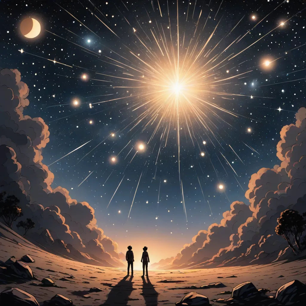 two people standing in the middle of a field under a star filled sky with stars and a crescent of light, space art, a detailed painting, Dan Mumford, stars