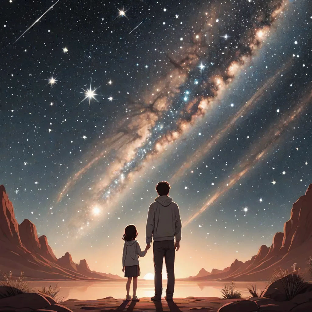 a man and a little girl standing in front of a star filled sky with stars in the sky above them, space art, a storybook illustration, Atey Ghailan, stars