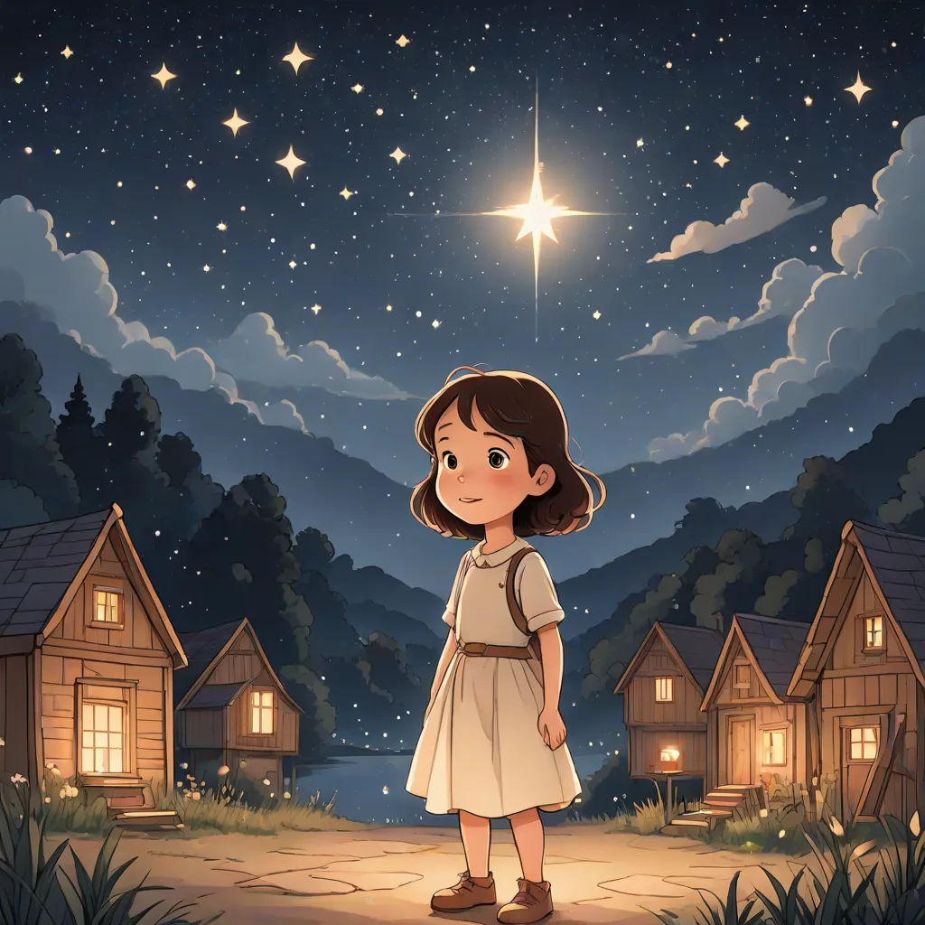 a girl standing in front of a village at night with a star above her head and a mountain in the background, space art, a storybook illustration, Arthur Pan, official art