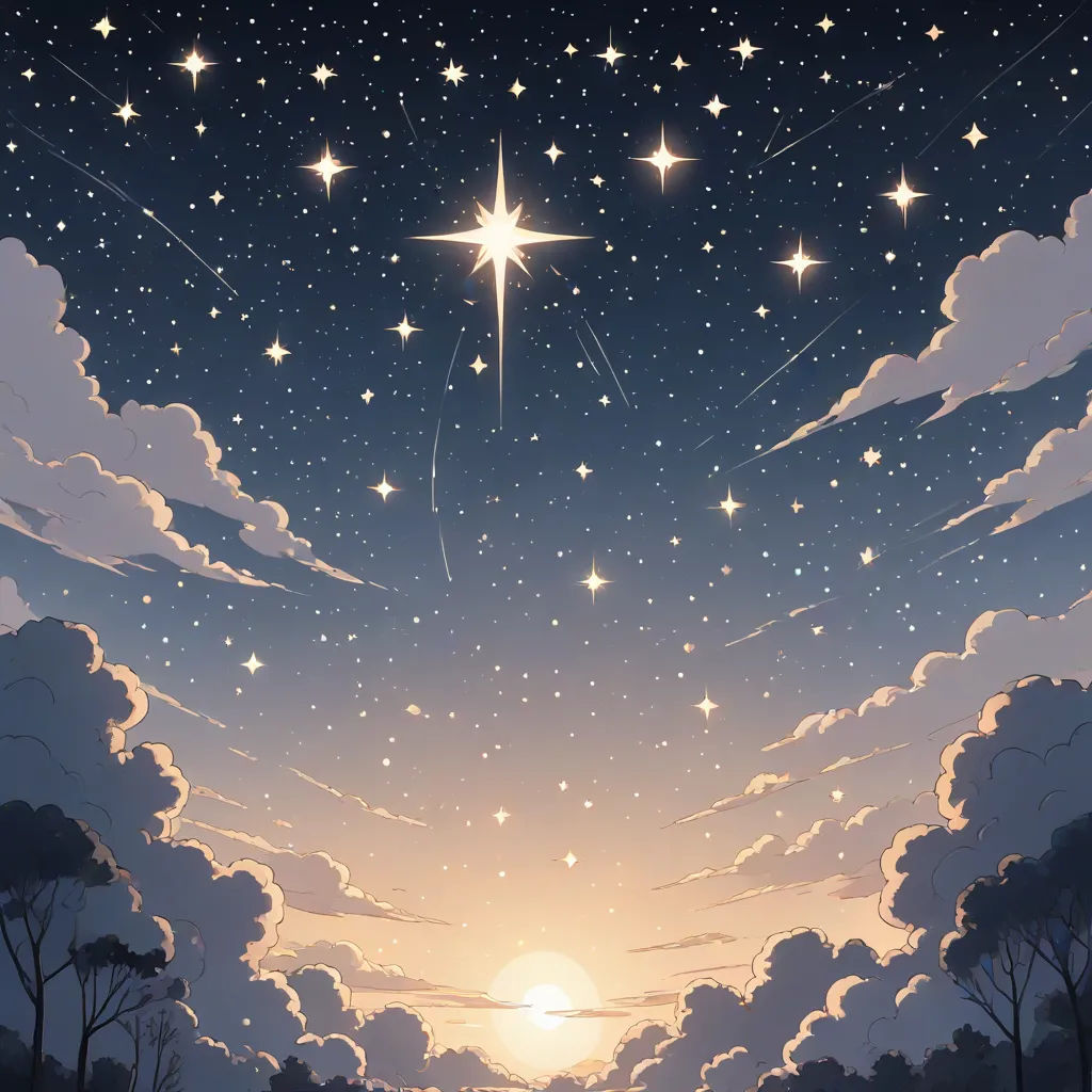 a star is shining in the sky above a field of grass and trees with a horse in the foreground, space art, a detailed painting, Atey Ghailan, stars