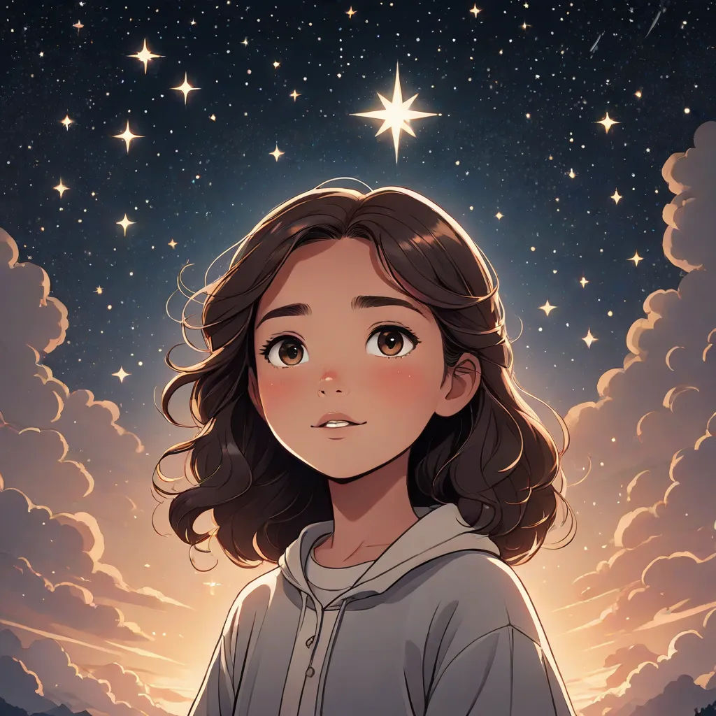 a girl with long hair standing in front of a night sky with stars above her and a star above her head, space art, a storybook illustration, Atey Ghailan, stars