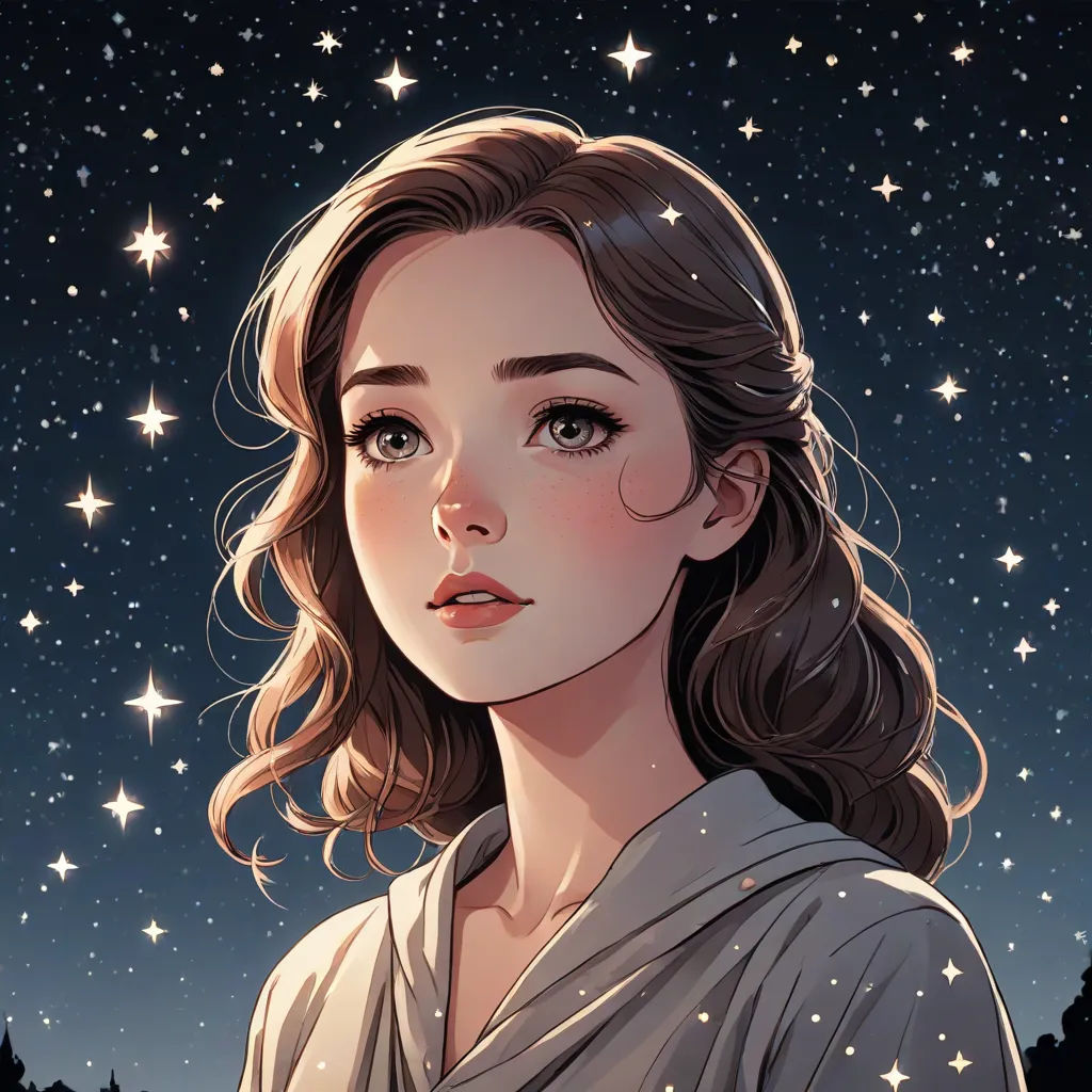 a woman with a star in the background and stars in the sky above her head, looking at the camera, space art, a detailed drawing, Charlie Bowater, stanley artgerm lau