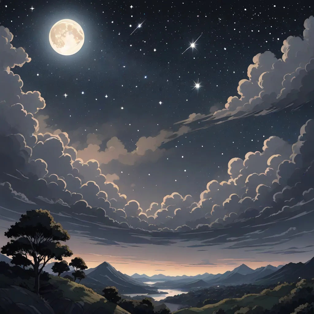 a painting of a night sky with a full moon and stars above a mountain range with a lake and trees, space art, a detailed matte painting, Dan Mumford, night sky