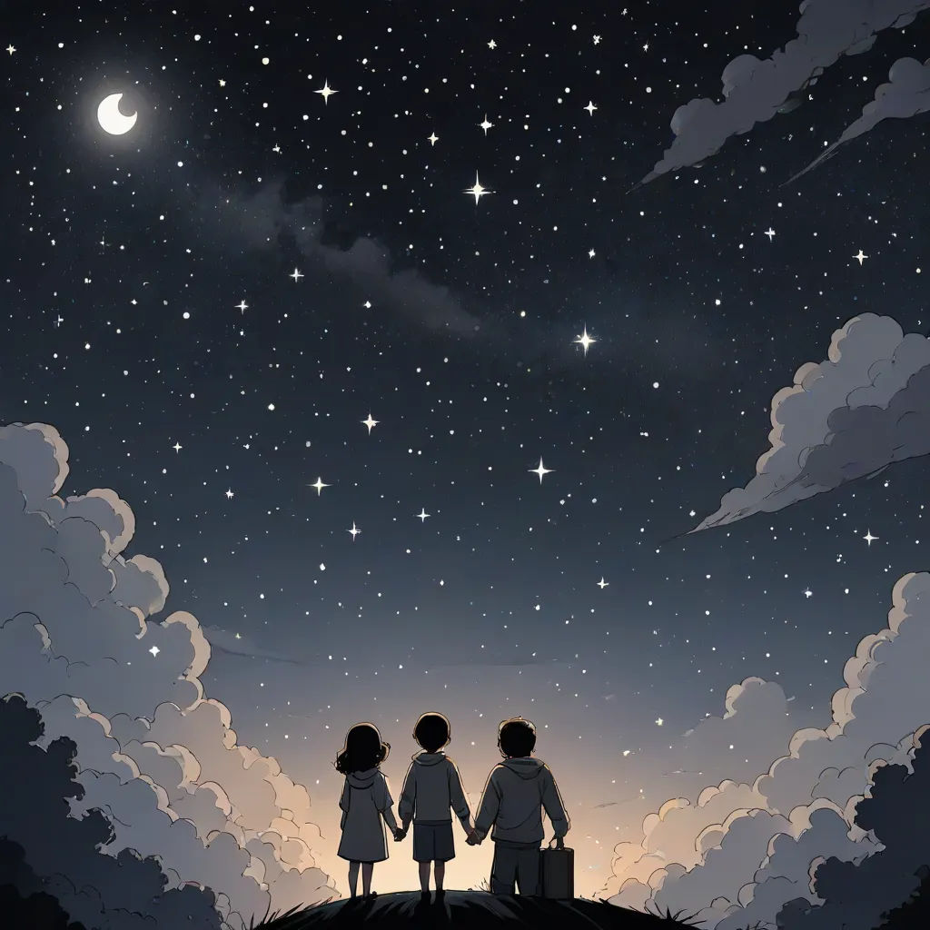 a couple holding hands under a night sky with stars and clouds above them, looking at the stars in the sky, space art, a storybook illustration, Atey Ghailan, night sky