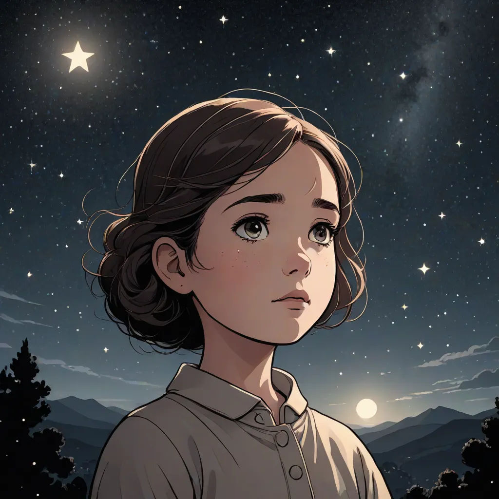 a girl looking up at the stars in the sky with a mountain in the background and a full moon in the sky, space art, a character portrait, Atey Ghailan, yukito kishiro