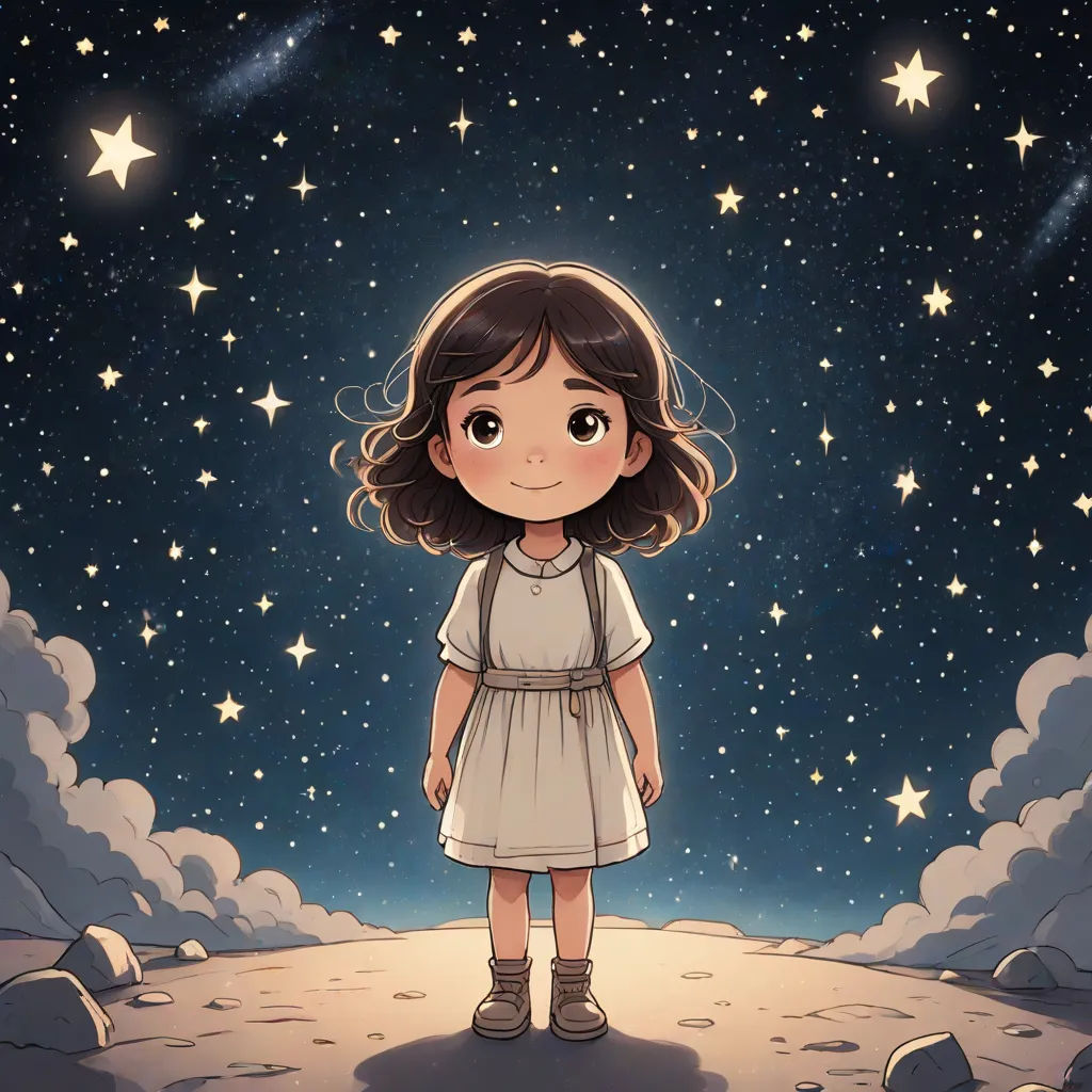 a little girl standing on a hill with stars in the sky above her and a sky full of stars, space art, a storybook illustration, Choi Buk, stars