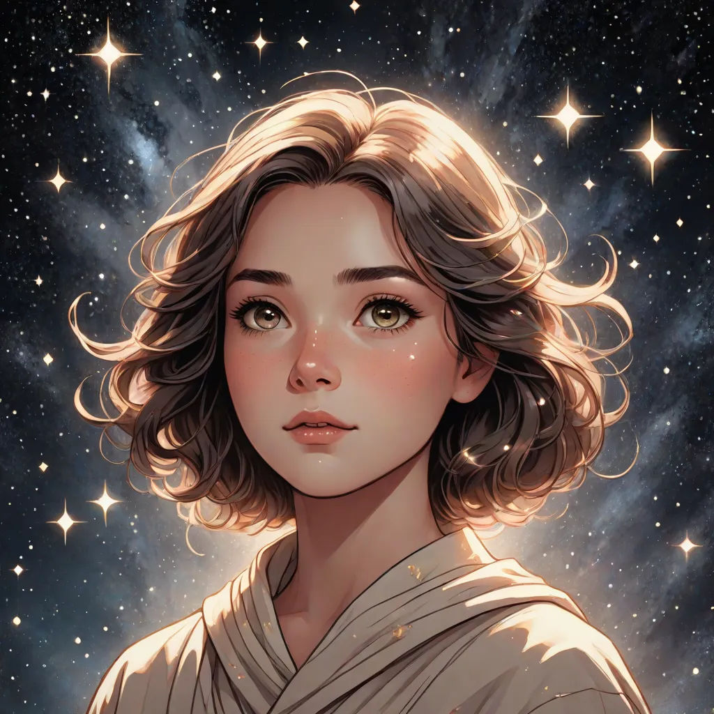 a painting of a young girl with a star in the background and a sky full of stars behind her, space art, a detailed painting, Artgerm, rossdraws global illumination