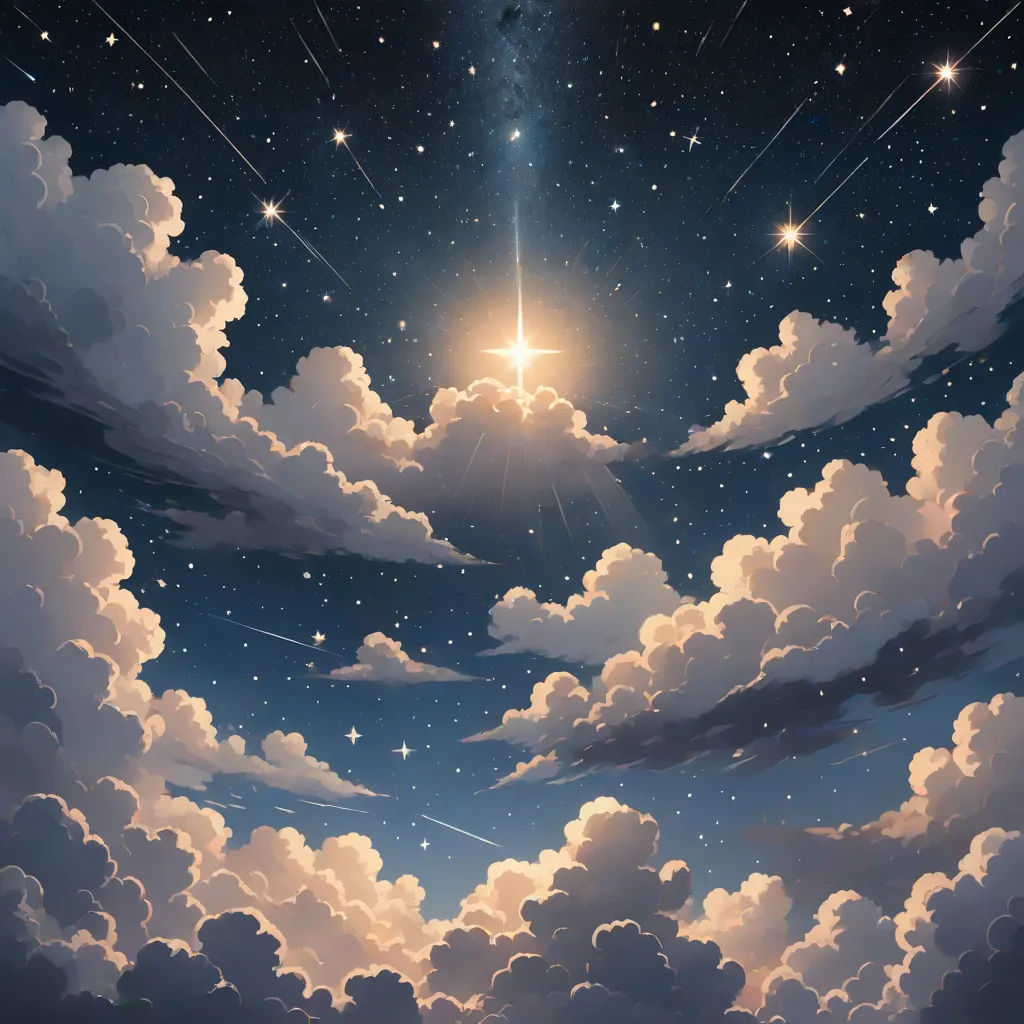 a painting of a night sky with stars and clouds in the foreground and a bright star above the clouds, space art, a detailed matte painting, Cyril Rolando, sky