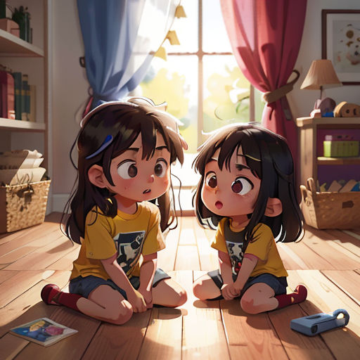 two little girls sitting on the floor in front of a window looking at each other with a surprised look on their faces