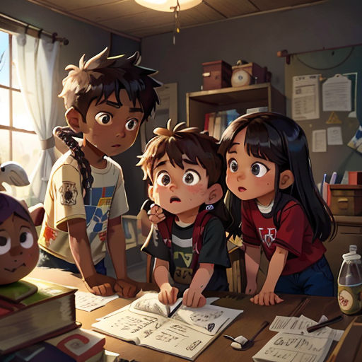 a group of children sitting at a table with books and papers in front of them, with a teddy bear
