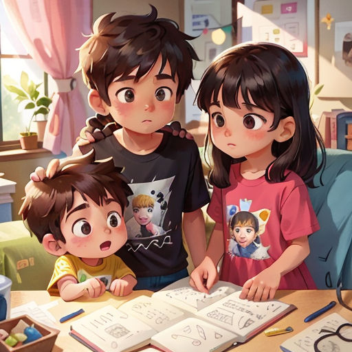 a couple of kids sitting at a table with an open book in front of them and a book on the table