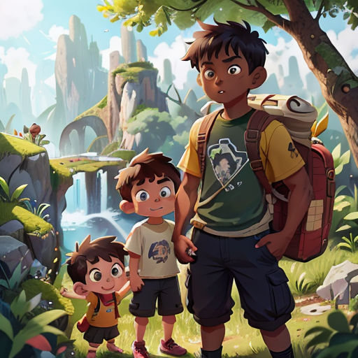 a man and two children standing in front of a waterfall in a forest with a waterfall in the background
