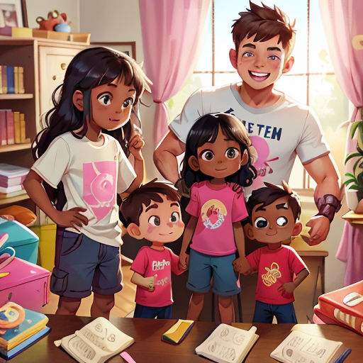 a man and two children standing in front of a table with books and a book bag on it, and a man in a white shirt and a woman in a pink shirt and blue shorts