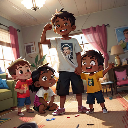 a group of children standing in a living room next to a couch and a window with curtains on it