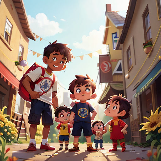 a group of children standing in front of a building with a man standing next to them and a woman standing behind them