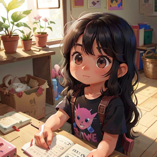 a girl sitting at a desk with a book and pen in her hand and a plant in the background