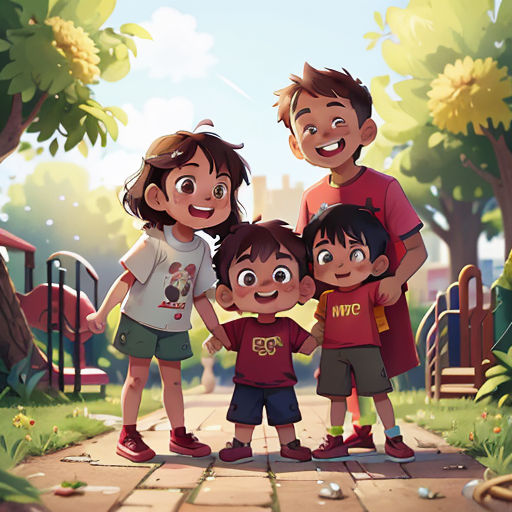 a family of four standing in a park together, with a park bench in the background and trees in the foreground