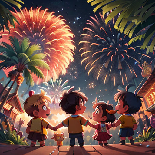 a group of children holding hands in front of fireworks and trees with a sky background that says happy new year