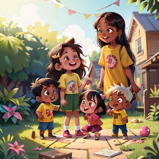 a group of children standing in a yard with a woman and two children standing next to them and a house in the background