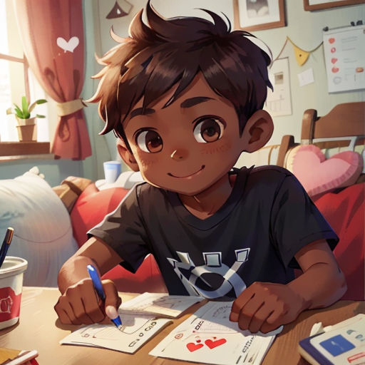 a boy sitting at a table with a pen and paper in front of him and a cup of coffee