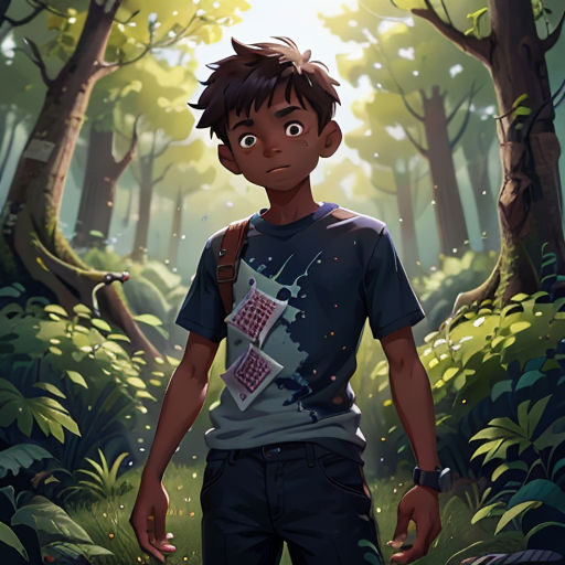 a boy standing in the middle of a forest with a red checkered shirt on and a backpack on