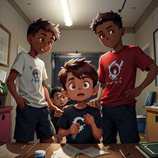 a group of young boys standing around a table in a room with a computer monitor and a laptop on it