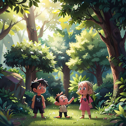 a group of children standing in the middle of a forest holding hands and walking towards a forest with trees