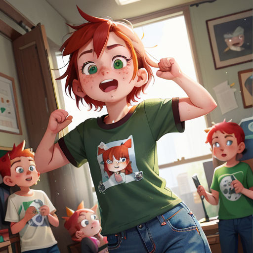 a girl with red hair and green eyes is standing in front of a group of children in a room