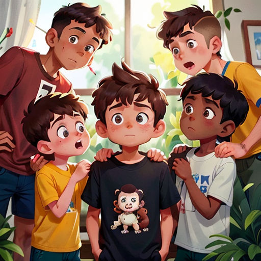 a group of young boys standing next to each other in front of a window with a monkey on it