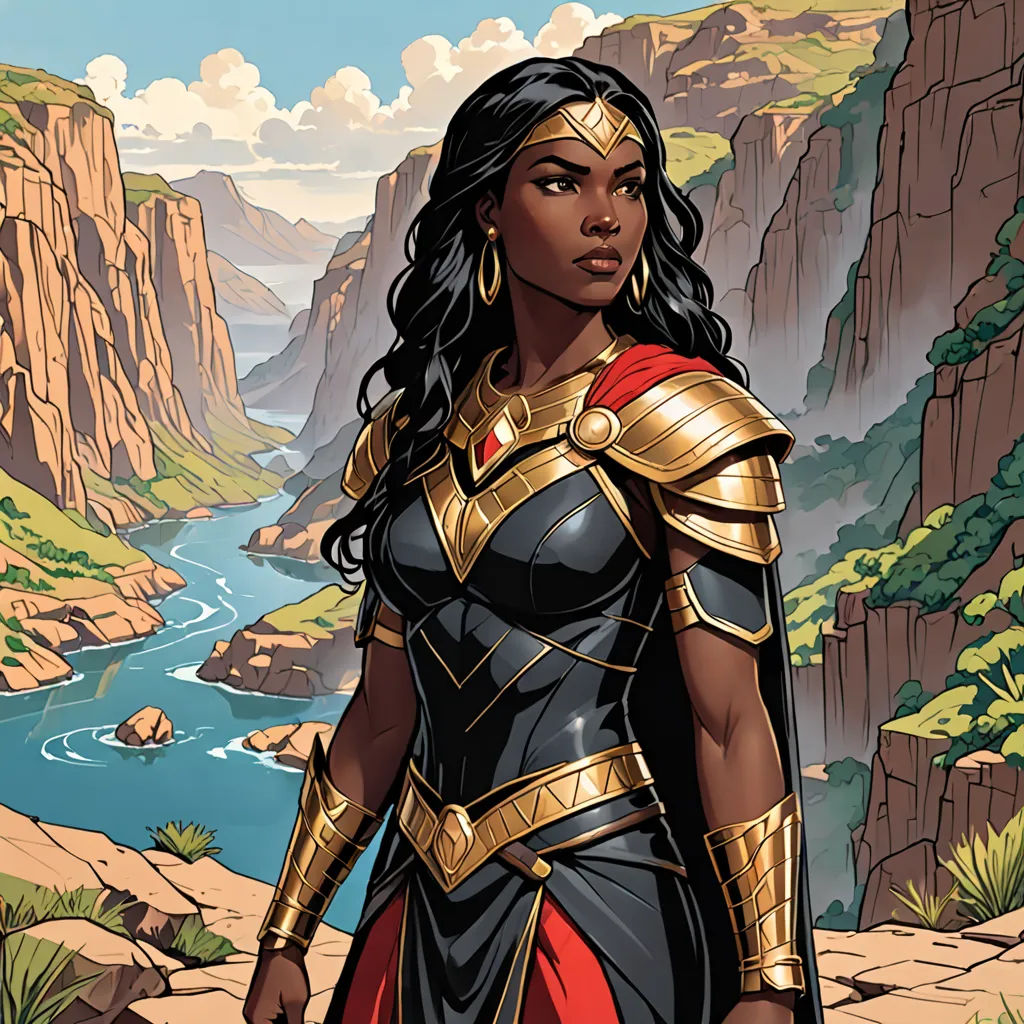 a woman in a costume standing in front of a mountain range with a river and mountains in the background, afrofuturism, a comic book panel, Chinwe Chukwuogo-Roy, official art