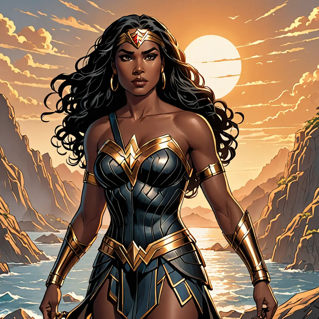 a woman in a wonder costume standing on a rocky cliff by the ocean with a sunset behind her and a mountain range in the background, afrofuturism, a comic book panel, Everett Warner, comic cover art